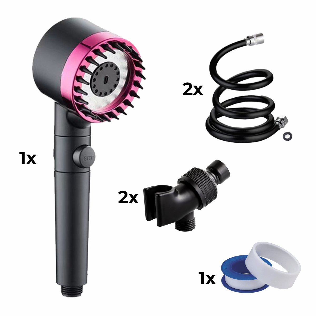 Shower Head + 2x Hose +2x Adapter + Teflon Tape