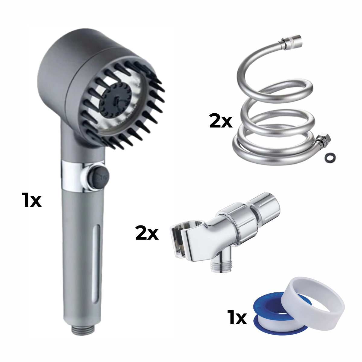 Shower Head + 2x Hose +2x Adapter + Teflon Tape